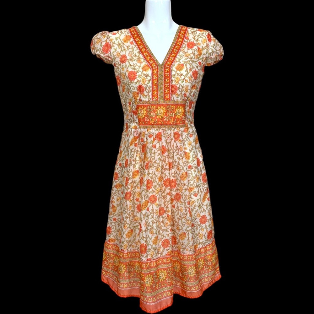 Mix Nouveau Retro Bohemian Floral Print Cap Sleeve V Neck Midi Dress Small